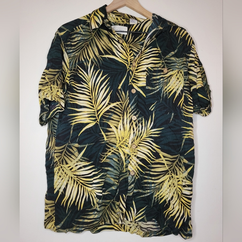 authentic falls creek green blue and gold Hawaiian palm leaf button up, …